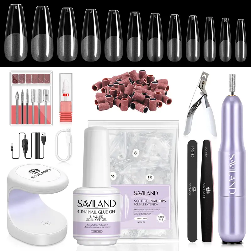 SAVILAND Kit Gel Ongles avec Drill – Tout-en-Un Débutant, Lampe UV, 0,5 oz Colle Gel, 500 Tips Coffin