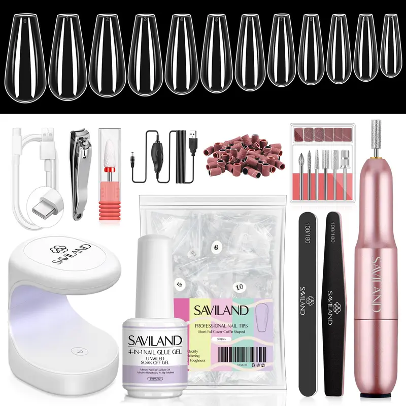 SAVILAND Kit Gel Ongles avec Lampe UV – 500 Embouts Courts, Colle Gel 4-en-1, Drill et Accessoires
