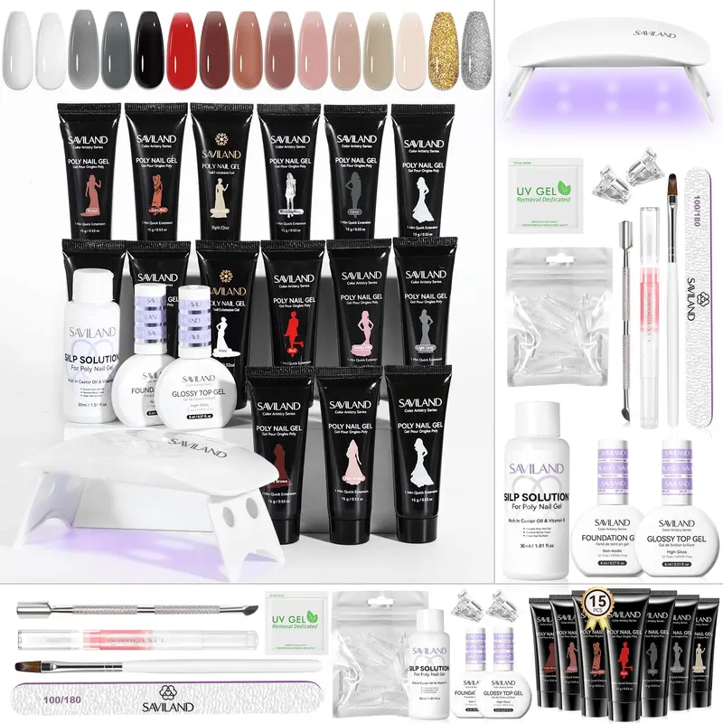 SAVILAND Kit Gel Poly Extension Héma-free – 15 couleurs, lampe UV, manucure à faire soi-même à domicile