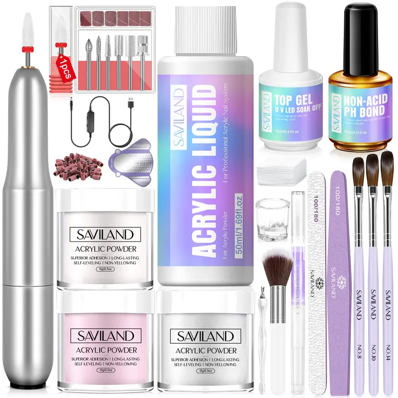 SAVILAND Kit Ongles Acryliques avec Perceuse – Poudre Claire/Blanc/Rose 0,5 oz + Liquide 50 ml – Débutant DIY Salon à Domicile