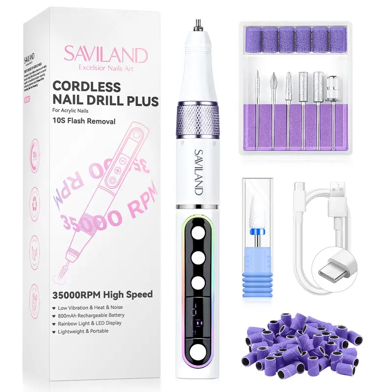 SAVILAND Meuleuse électrique sans fil pour ongles – 35000 RPM, affichage DEL arc‑en‑ciel, kit pro manucure
