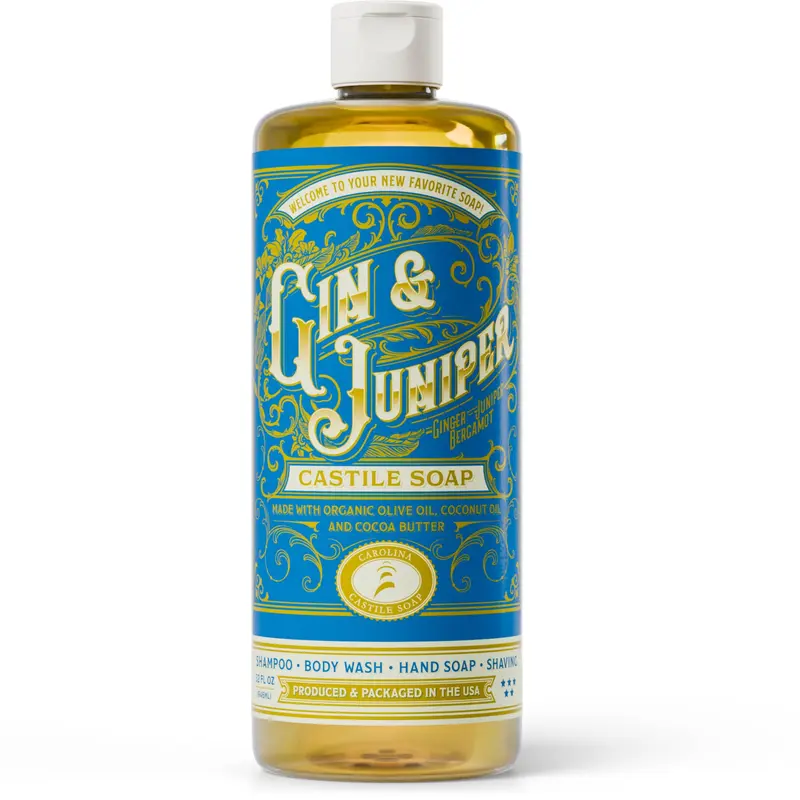 Savon Castile Carolina Gin et genièvre – Base biologique certifiée, haute teneur en huile d’olive, non desséchant, concentré, nettoyant pour corps et cheveux (946 ml)