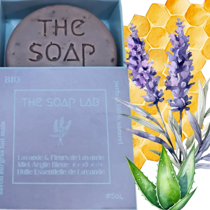Savon Lavande & Fleurs de Lavande, au Miel, Argile Bleue et Aloe Véra