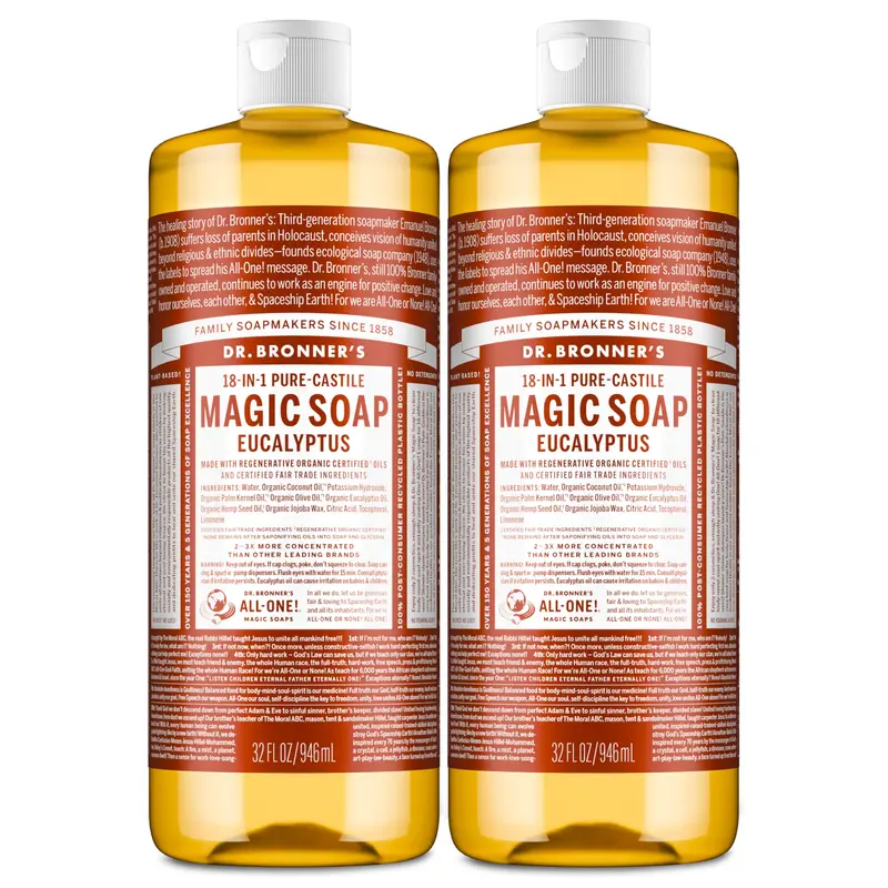 Savon liquide Pur Castile Dr. Bronner’s – Eucalyptus, lot de 2 bouteilles de 946 ml (32 oz) – huiles biologiques et équitables, 18 usages