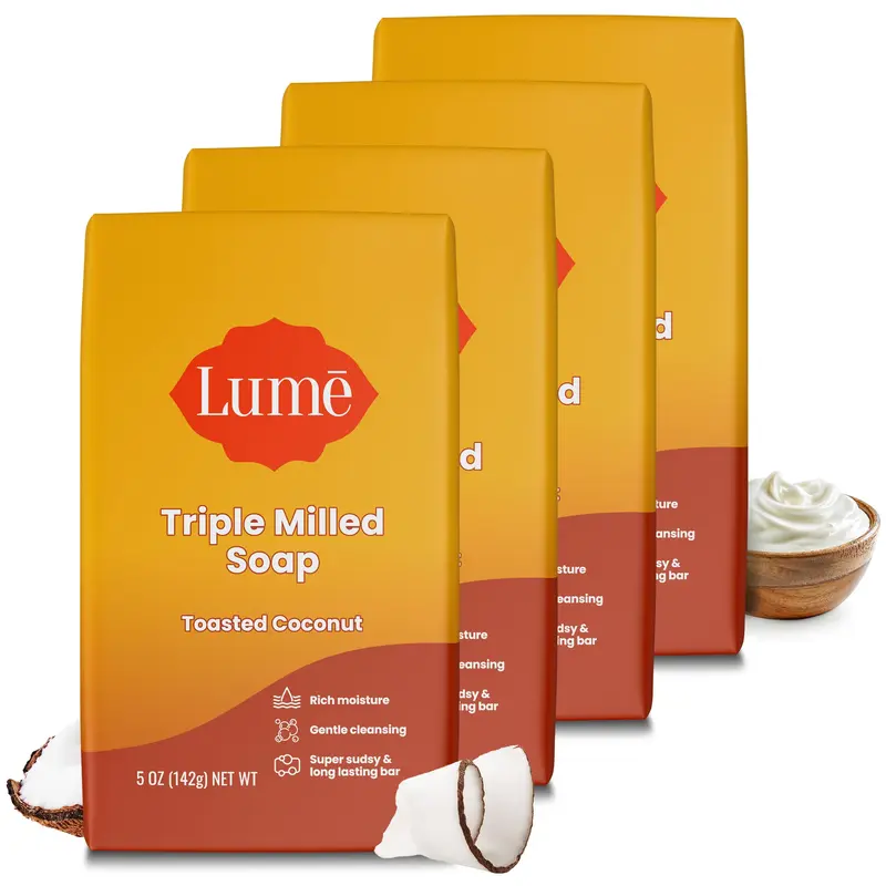 Savon Lume — Moulage triple, Hydratation riche & Nettoyage doux – Sans parabènes ni phtalates – Noix de coco toastée – Lot de 4