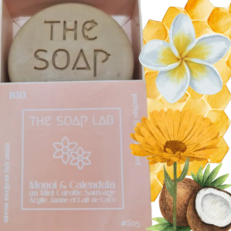 Savon Monoï & Calendula, au Miel, Lait de Coco, Carotte et Argile Jaune