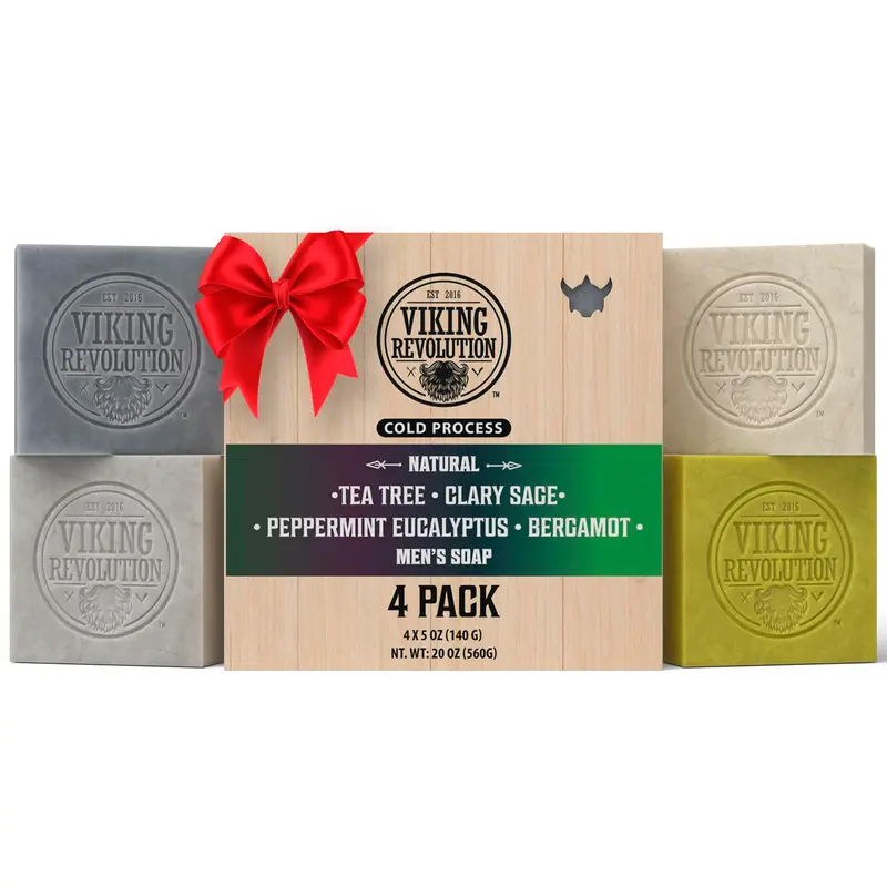 Savon Naturel Viking Revolution pour Hommes – Barre à Huiles Essentielles Pressée à Froid (Paquet 4)