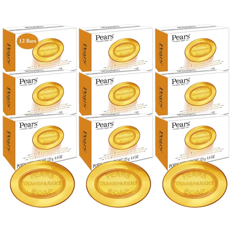 Savon Pears Glycérine Ambre Translucide — Lot 12, Douceur Pure pour Mains, Corps et Visage