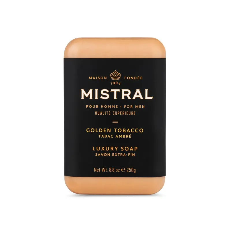 Savon solide Mistral Tabac Doré pour hommes – Savon naturel masculin, 250 g, sans parabènes ni phtalates, Fabriqué en France