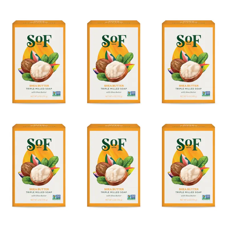 Savon solide SoF Triple Moulé – Coco et Beurre de Karité Bio – Végan et Non-OGM – Sans Parabènes, Sulfates et Phtalates – Lot de 6 barres de 170 g