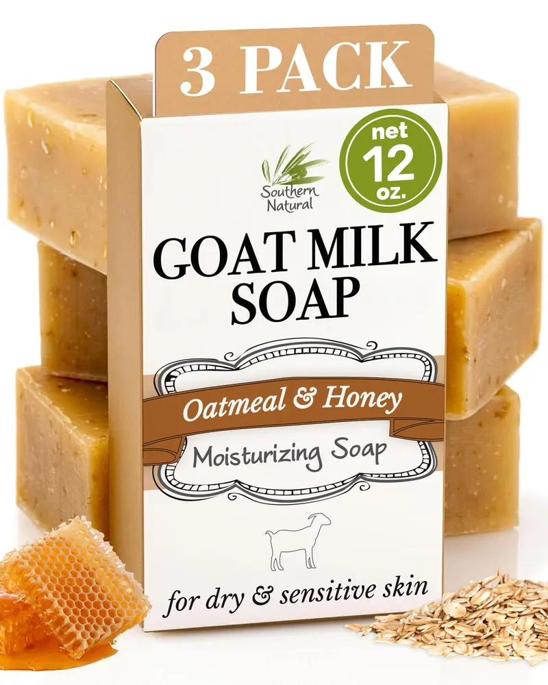 Savon Southern Natural au Lait de Chèvre et Avoine – Pack 3 Sans Parfum, pour Peaux Sèches et Sensibles