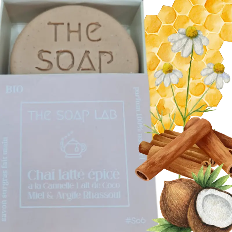Savon Thé Chaï & Cannelle, au Gingembre, Lait de Coco, Miel et Argile Rhassoul