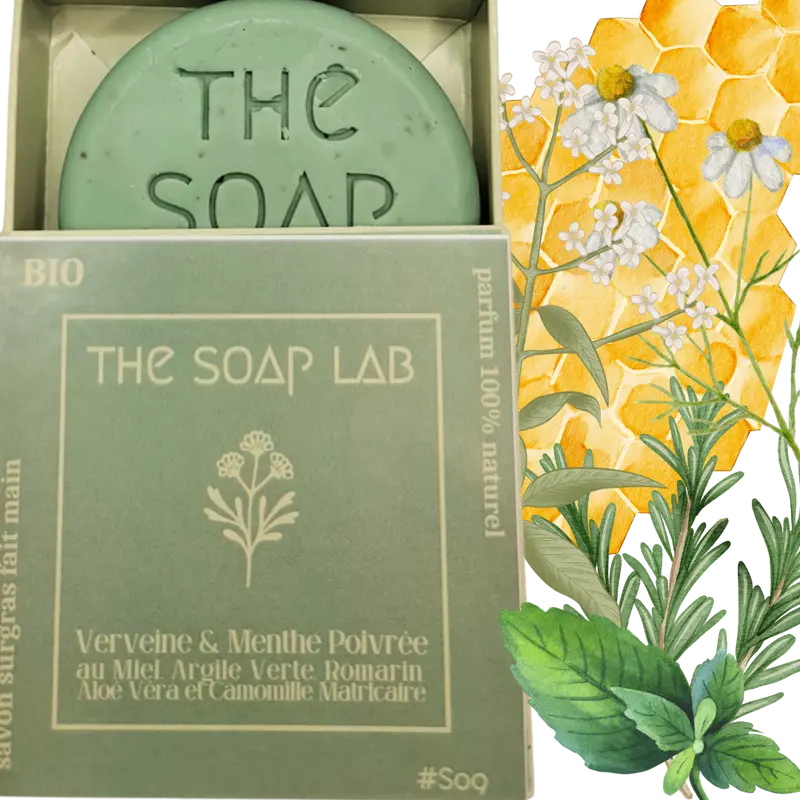 Savon Verveine & Menthe Poivrée, au Miel, Romarin, Aloé Véra et Argile Verte