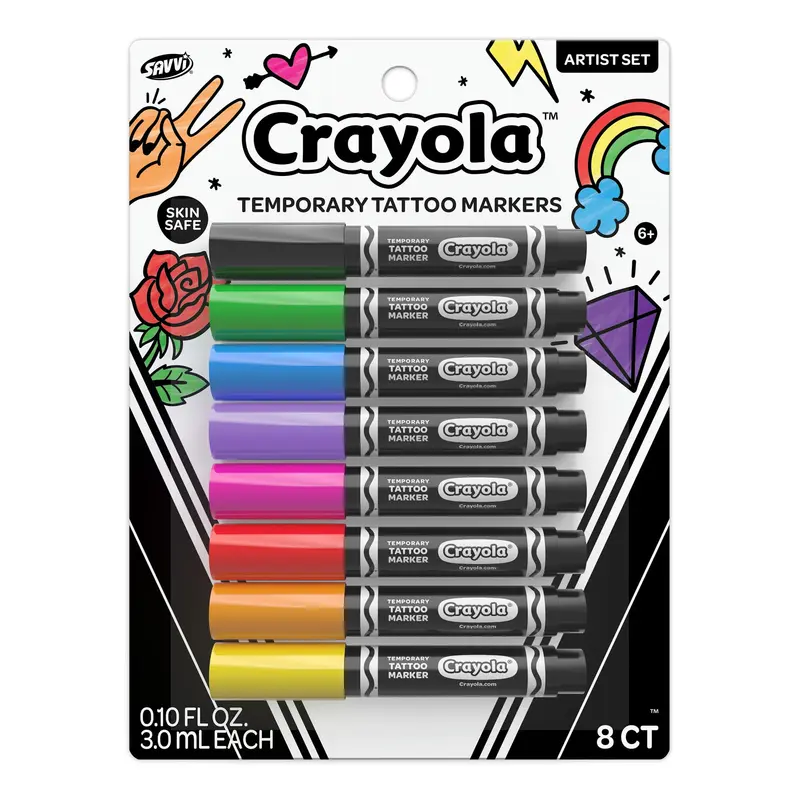 Savvi Crayola Marqueurs Temporaire 8 Pièces – Encres Sûres pour la Peau, Couleurs Vives, Idées Cadeaux – Fabriqué aux États‑Unis [1 Pack]