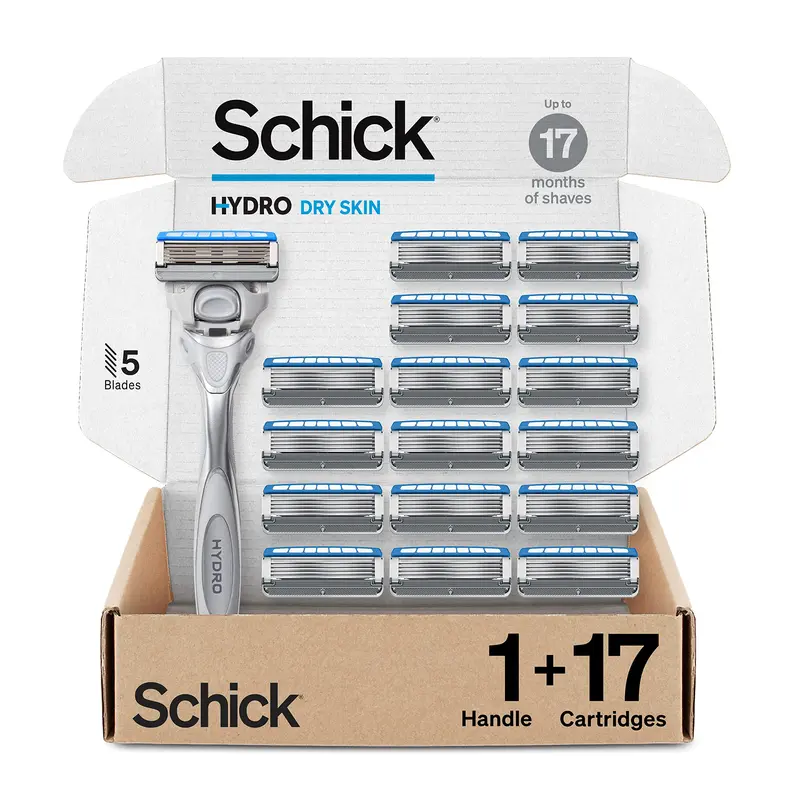 Schick Hydro Dry Skin Rasoir pour Homme – 5 Lames, Poignée à Absorption de Chocs, 17 Cartouches
