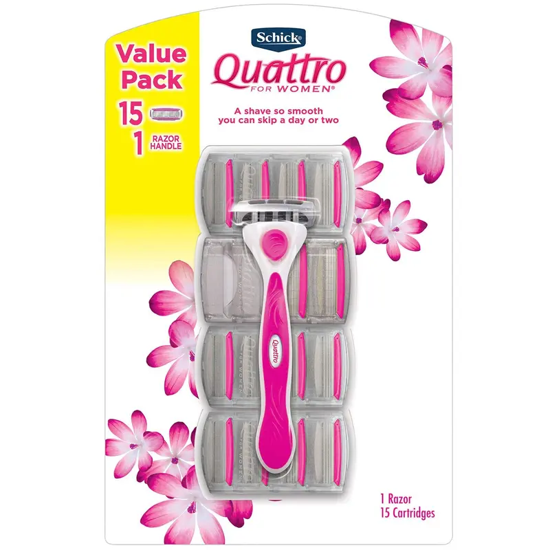 Schick Quattro pour femmes — Rasoir enrichi à l’aloé véra et vitamine E, 15 cartouches