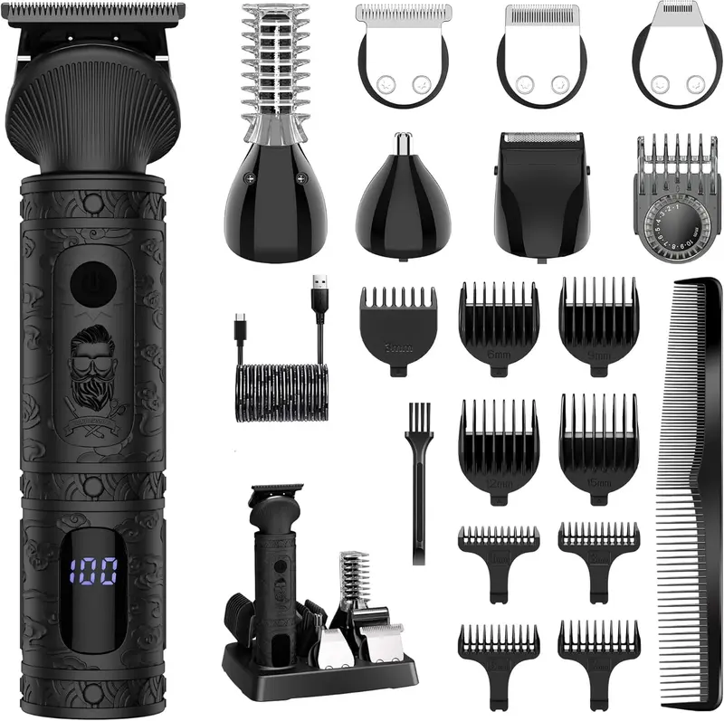 Scttomon Tondeuse Barbe Professionnelle 7-en-1 – Lame en T Sans Fil, Rasage Électrique Noir