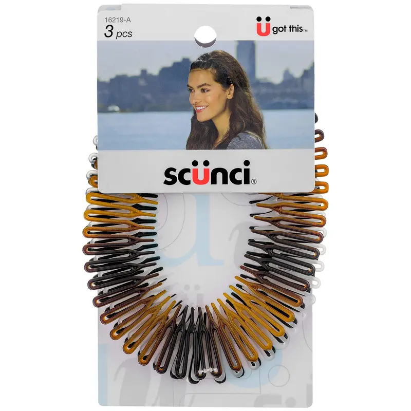 Scunci Peignes Stretch Beauté Sans Effort – Ensemble 3 coloris Tortue, Blanc opaque et Noir