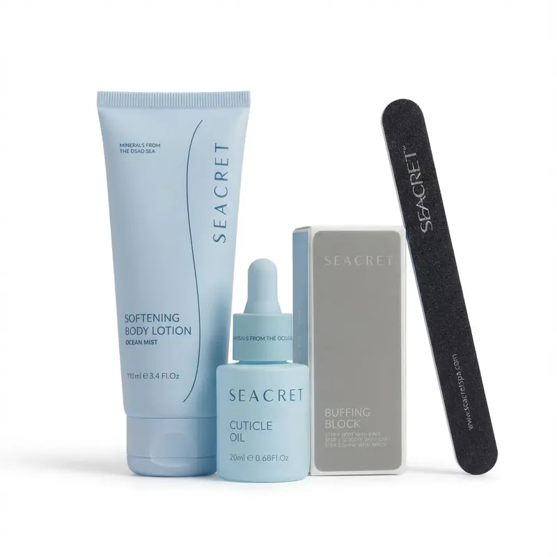 SEACRET Minéraux pour Ongles — Kit Manucure DIY Salon (4 pièces) avec lime, bloc 3-en-1, huile cuticulaire et lotion corps