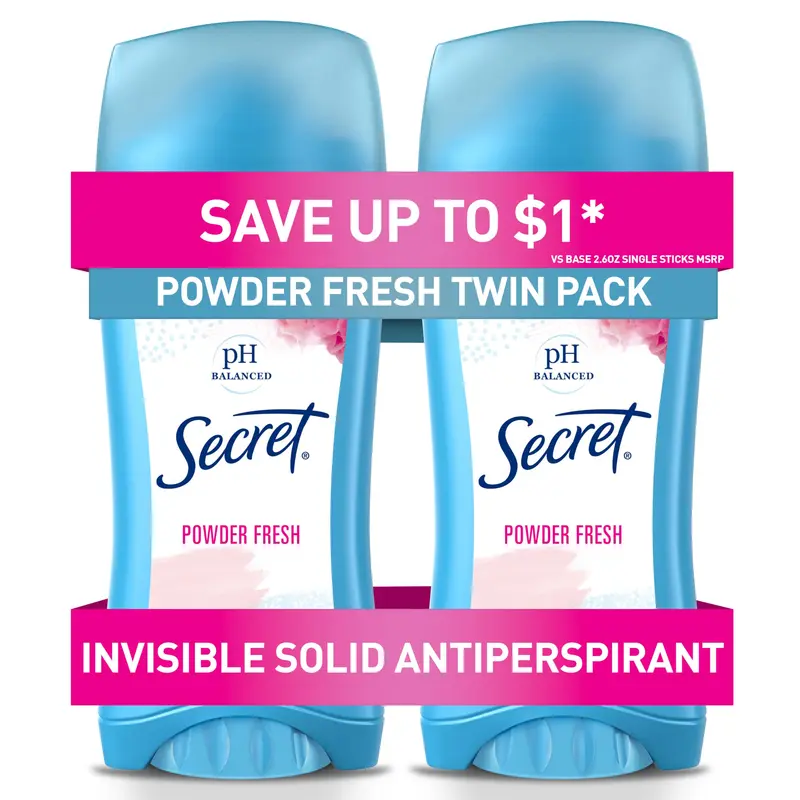 Secret Déodorant Antitranspirant Invisible en Stick — Poudre Fraîche, Pack Double 148 g