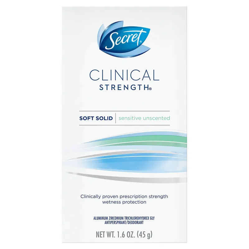 Secret Déodorant Clinique Fort Solide Doux Sans Parfum — Aisselles Sensibles, 45 g (Boîte de 1)