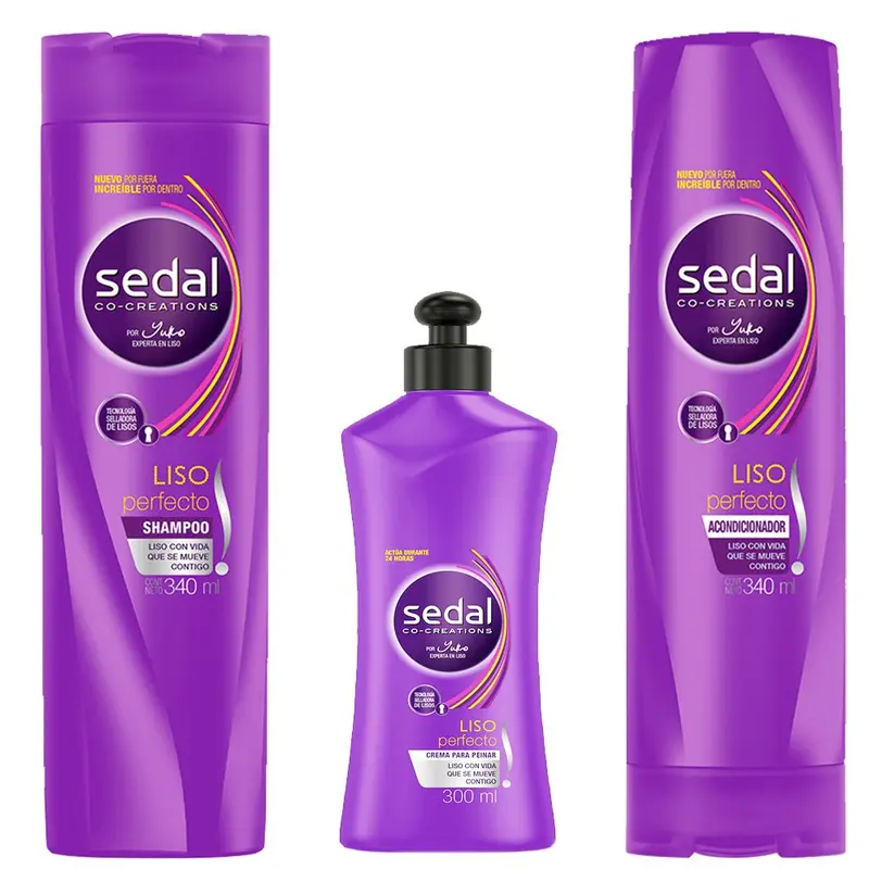 Sedal Liso Perfecto – Ensemble 3 pièces pour cheveux lisses (shampooing, après-shampooing et soin sans rinçage)