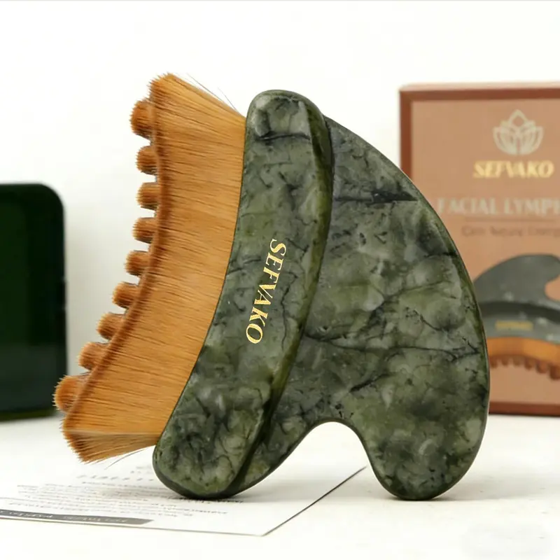 SEFVAKO Brosse lymphatique visage 2 en 1 avec Jade Gua Sha – brins ultra-doux 0,075 mm