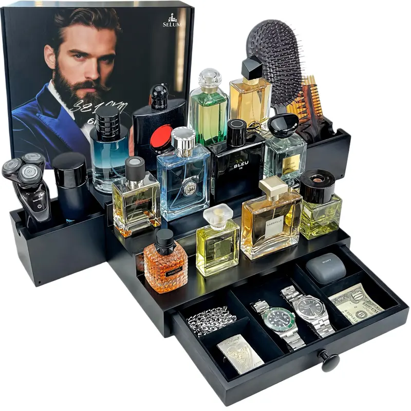 SeLuM Organisateur de Cologne en Bois Classique pour Homme – 3 Niveaux, Porte-parfums Noir sur Coiffeuse, Doublure Velours Haut de Gamme, Coffret Cadeau Élégant