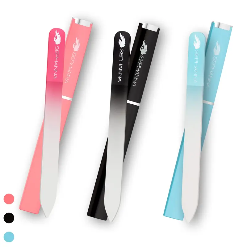 SEPHANNA Lime à Ongles en Verre Cristal Premium – Double Face avec Étui, pour Ongles Naturels et Acryliques (Noir, Bleu & Rose)