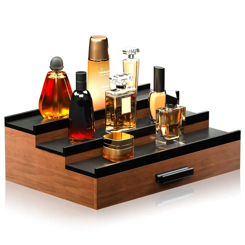 Sephyroth Organiseur Cologne pour Hommes – 3 Niveaux et Tiroir, Bambou – Finition Noix et Noir