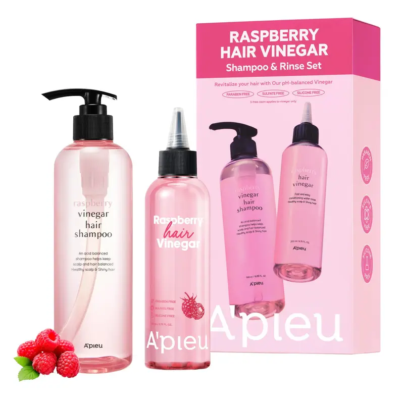 Set A’PIEU Rinçage au Vinaigre de Framboise – Clarifiant Cuir Chevelu et Brillance (500 ml Shampooing + 200 ml Rinçage)