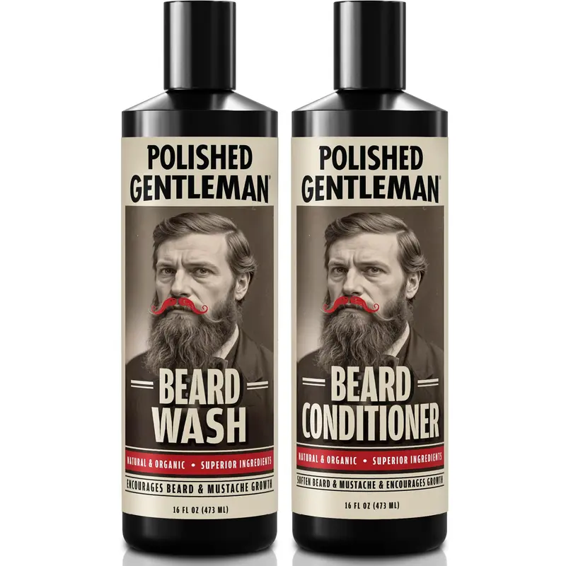 Set Shampoing et Après-Shampoing Barbe Polished Gentleman – Douceur et Renforcement, Huile de Croissance, Arbre à Thé, Sans Parabènes ni Sulfates (16 oz)