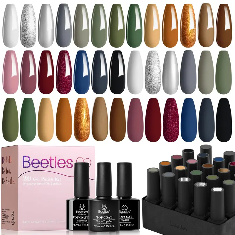 Set Vernis Gel Beetles – 23 Pièces (20 teintes mini 5ml + Base sans essuyage et Couche de finition brillante/mate)