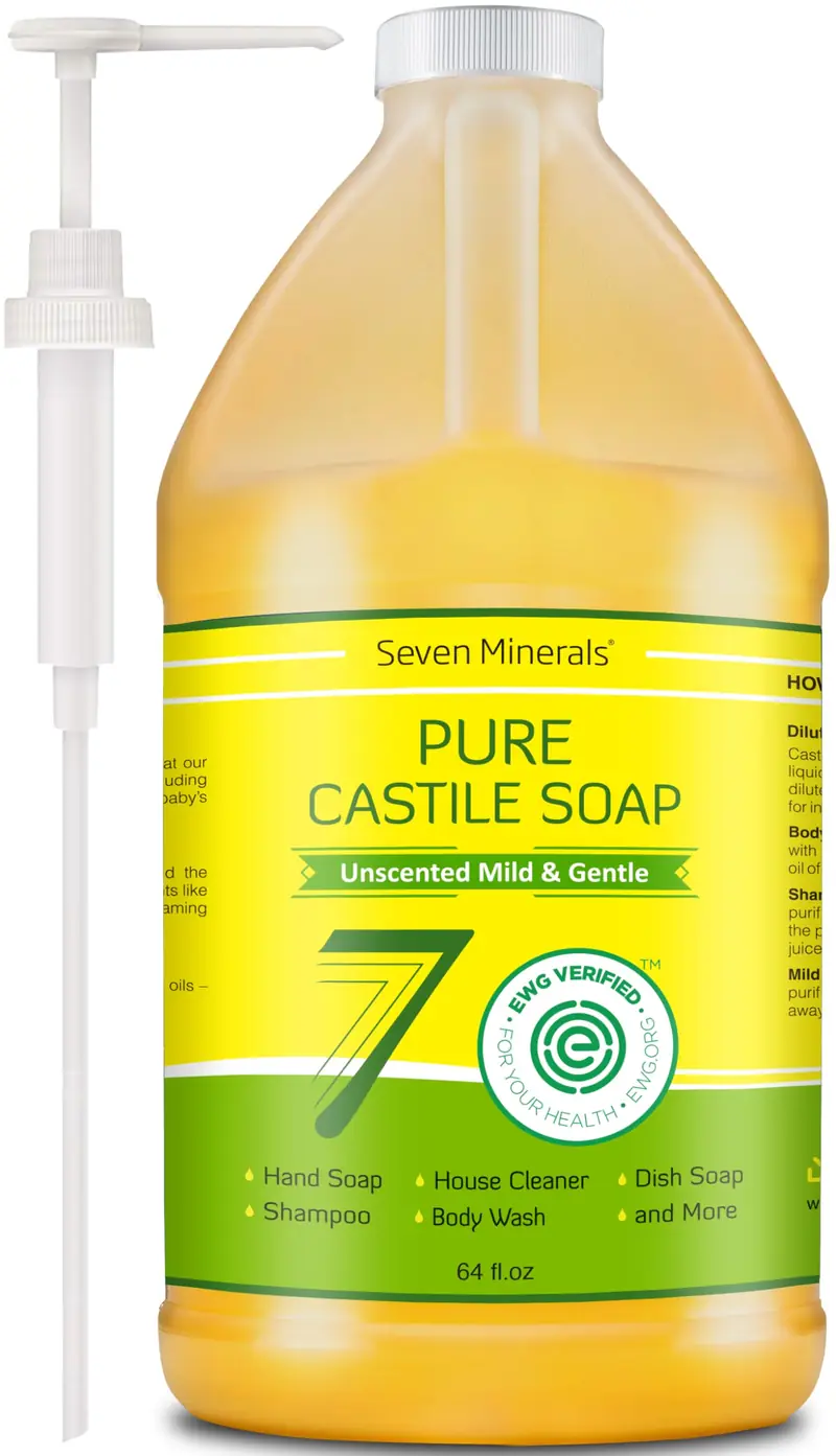 Seven Minerals Pure Castile - Savon pur vegan sans palmier et sans OGM, lavage en douceur pour peau sensible et bébé - formulation naturelle avec huiles biologiques (1,9 L, inodore)