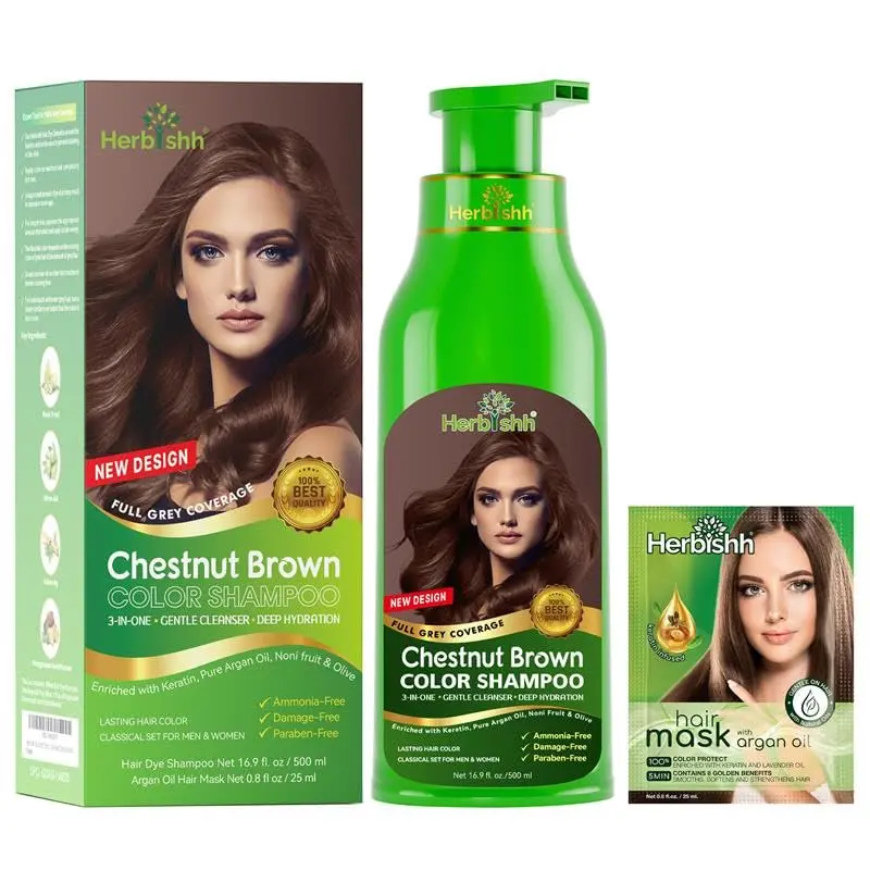 Shampoing colorant Herbishh pour cheveux gris brun châtain – 3-en-1, coloration rapide – 2-3 semaines – 500 ml – Idéal pour hommes et femmes