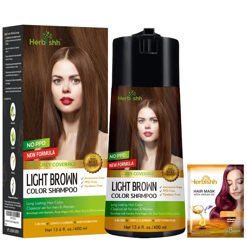 Shampoing couleur Herbishh – Formule colorante enrichie pour cheveux gris – Longue tenue et usage à domicile (Châtain clair)