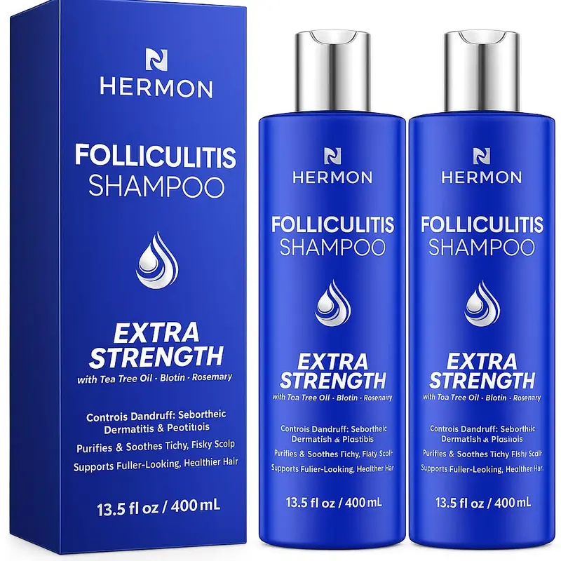 Shampoing Hermon Folliculite pour cuir chevelu irrité – Biotine, psoriasis et pellicules – apaise, exfolie et réactive les follicules | 2 paquets
