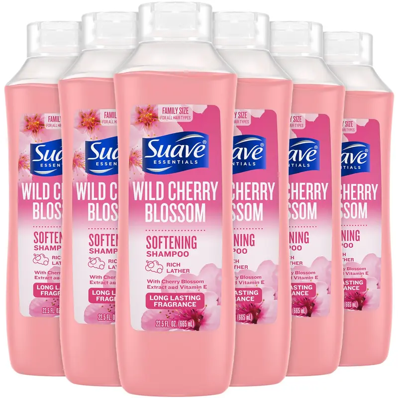 Shampoing Suave Fleur de Cerisier Sauvage – Lot de 6 bouteilles, parfum velouté et hydratation avec vitamine E, 22,5 oz chacun