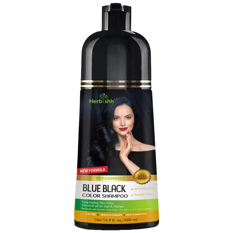 Shampooing colorant Herbishh – Couleur durable sans ammoniaque, 500 ml, Bleu Noir