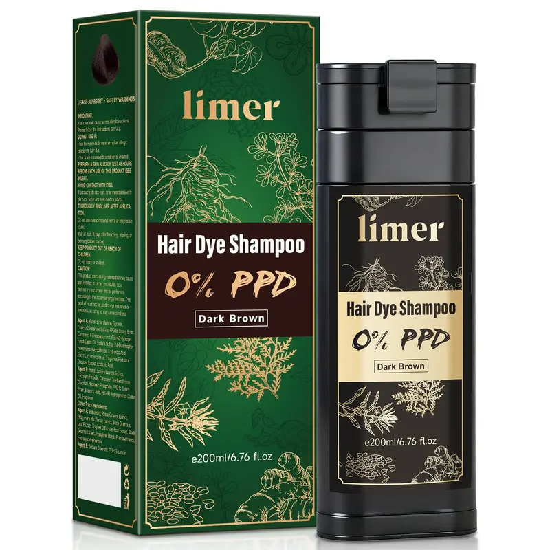 Shampooing-coloration Limer Brun Foncé – Sans PPD, Sans Ammoniaque, 6-en-1, Doux pour Cuir Chevelu Sensible, Couverture Gris Semi-Permanente (200 ml)