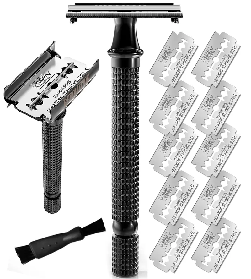 SHAVING REVOLUTION Rasoir Double Tranchant à Manche Long, Ouverture Papillon, 10 Lames Japonaises – Ensemble 12 Pièces