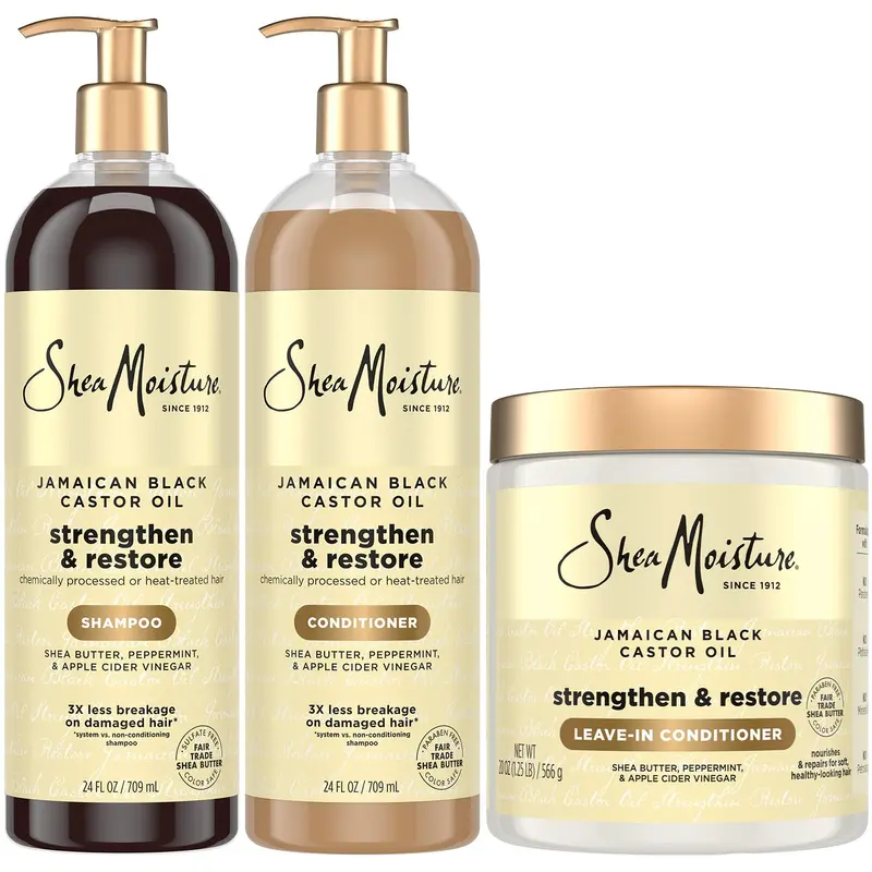 SheaMoisture huile de ricin noire jamaïcaine – Coffret shampooing, après-shampoing et soin sans rinçage (famille)