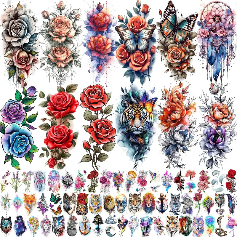 SHELYEXIEN – 69 Tatouages Temporaire Aquarelle Roses 3D et Motifs Bohèmes