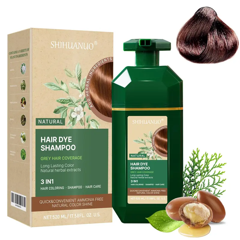 SHIHUANUO Shampooing Coloration 3-en-1 pour Cheveux Gris – Sans Ammoniaque, 520 ml (Brun Café)