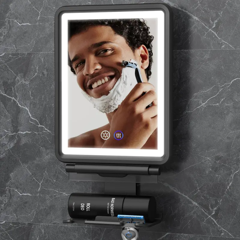 Shinowa Miroir de Douche Chauffant Anti-Brouillard – Éclairage 3 Couleurs, Rechargeable