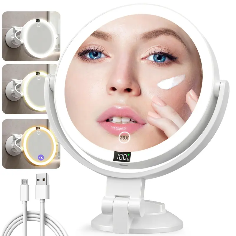 Shinowa – Miroir de Maquillage 20x avec Lumières, Mural, Trois Couleurs et Rotation 360° - Rechargeable