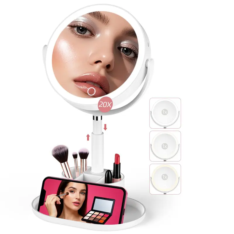 Shinowa Miroir Maquillage Éclairé 1x/20x – Rangement, Rotation 360°, 3 Modes de Lumière, Rechargeable – Blanc