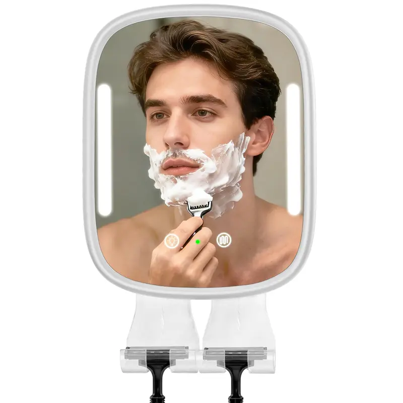 Showvigor Miroir de Douche Chauffant Anti-Fog avec LED – Sans Perçage, Batterie Rechargeable (Blanc) – Cadeau pour Hommes