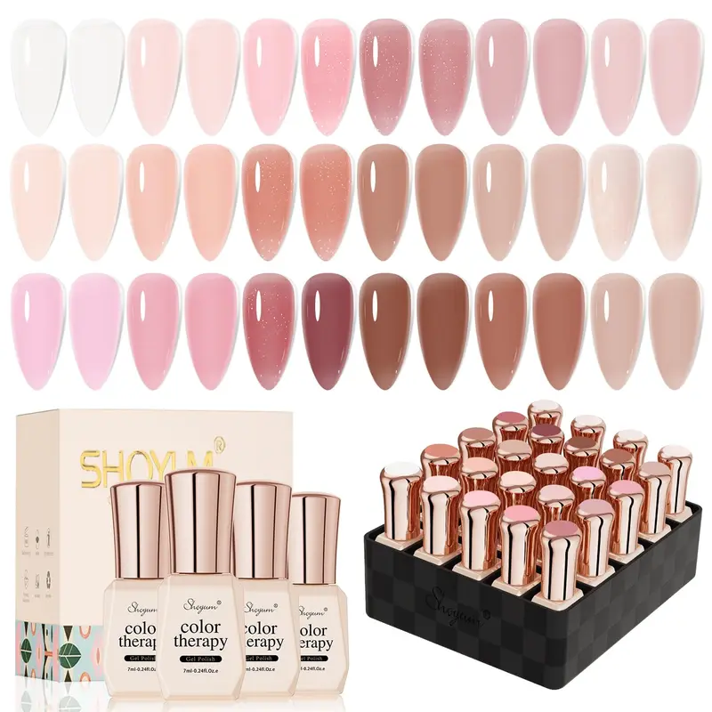 SHOYUM – Ensemble Vernis Gel Nude Jelly 24 Pièces avec Base et Top Coat pour Manucure à Domicile