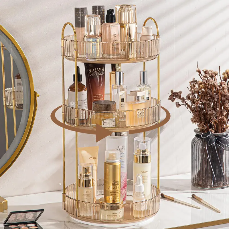 Shuang Qing Organisateur Cosmétiques Rotatif 3 Niveaux – Grand Rangement Doré